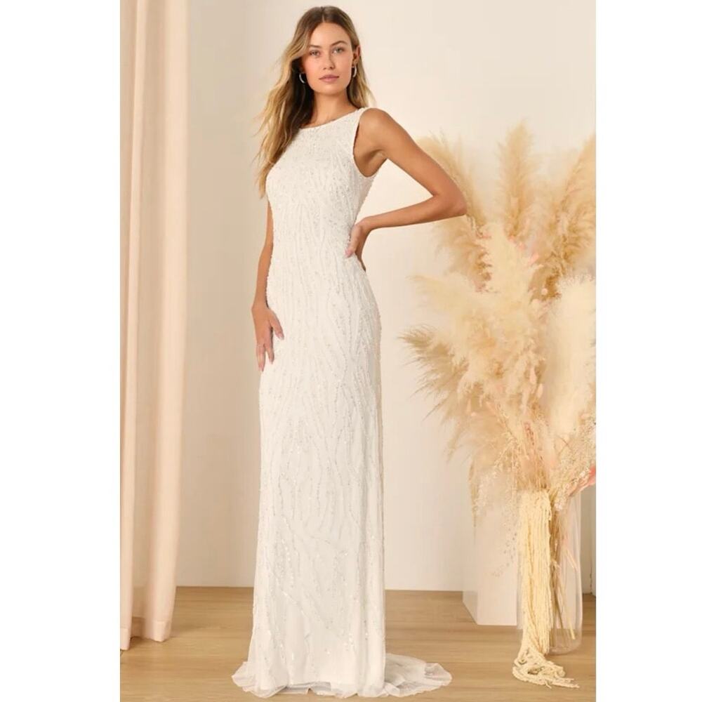 Lulus Glamourous Ever After White Sequin Beaded Backless Maxi Dress Medium Bride